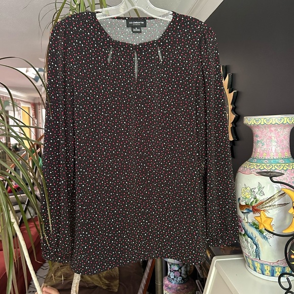 Liz Claiborne Women’s Size Medium Black White Dotted Keyhole Pullover Blouse - Picture 7 of 14